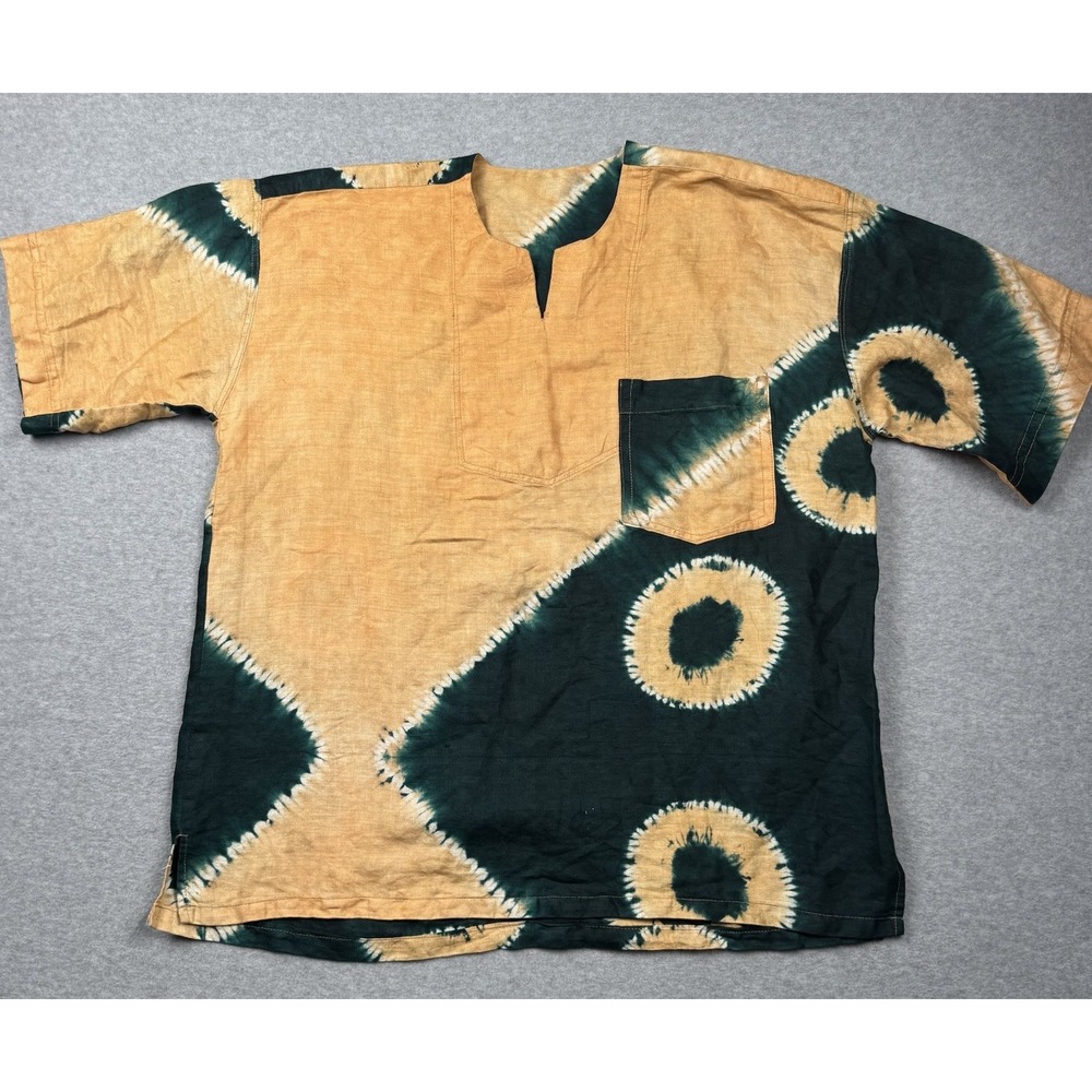 Vintage African Adire Tie Dye Shirt Adult XL Relaxed Tunic Dashiki Unisex Cotton